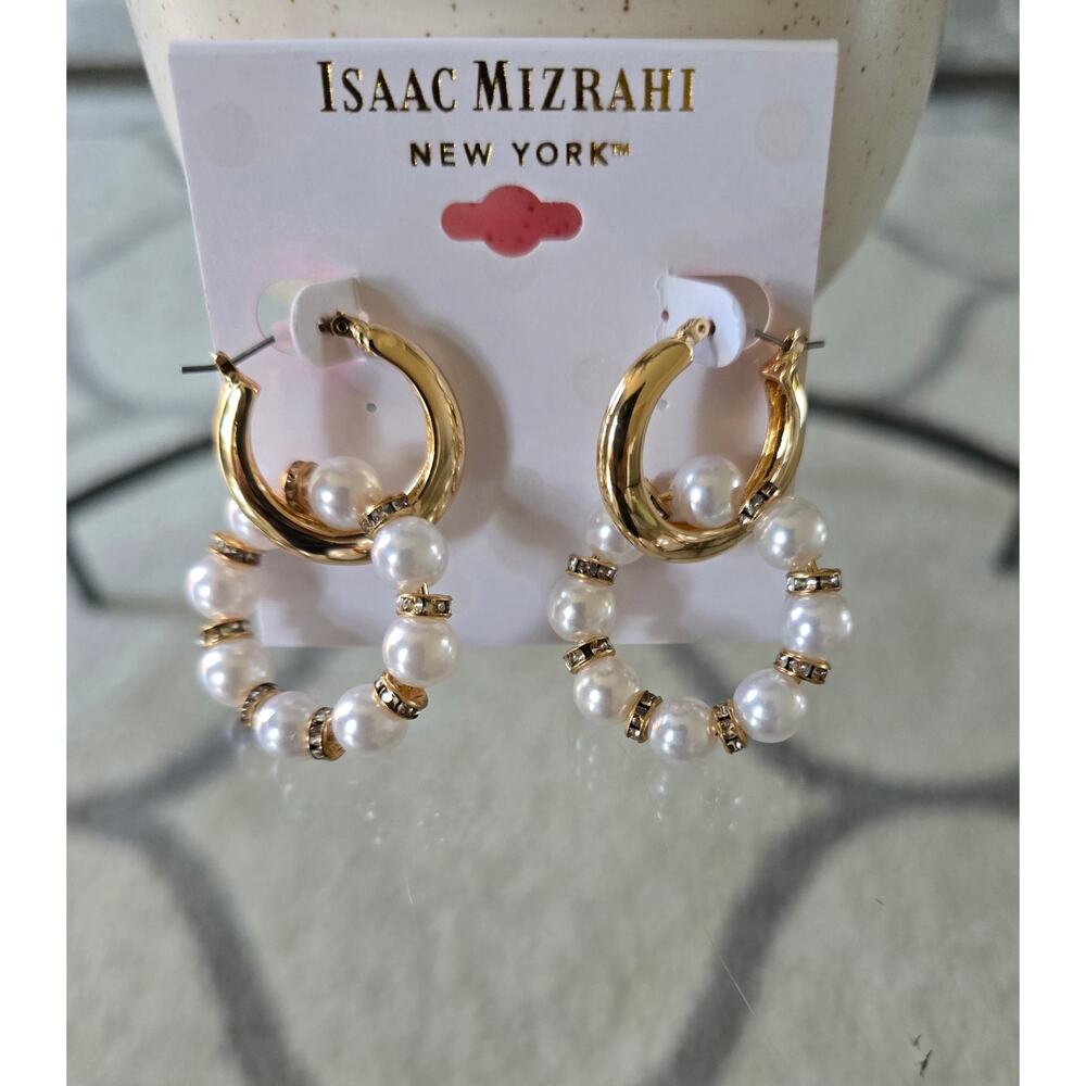 Isaac Mizrahi Gold Pearl Earrings New - Picture 3 of 3